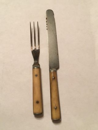 Antique Dining Knife & 3 Tine Fork Bone Handle Mid 1800 