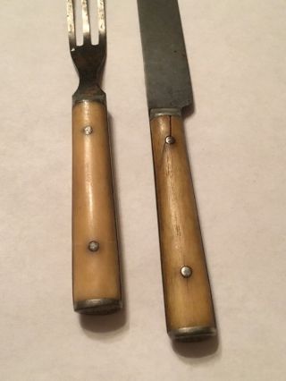 Antique Dining Knife & 3 Tine Fork Bone Handle Mid 1800 ' s Partial Makers Mark 3