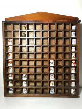 Vintage Display Case Thimble Case 100 Slots Wooden Sliding Cover & 28 Thimbles