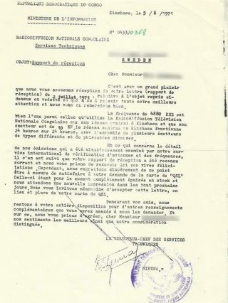 1971 Qsl: Radiodiffusion Nationale Congolaise,  Kinshasa,  Congo Republic