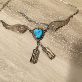 Vintage Sterling Silver Necklace With Turquoise Pendant And Dangling Feathers