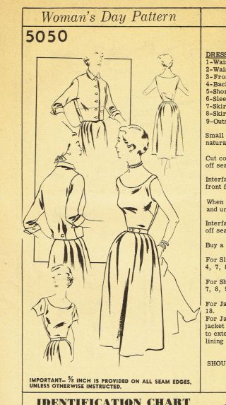 1950s Vintage Woman ' s Day Sewing Pattern 5050 Uncut Misses Dress & Jacket Sz 34B 4