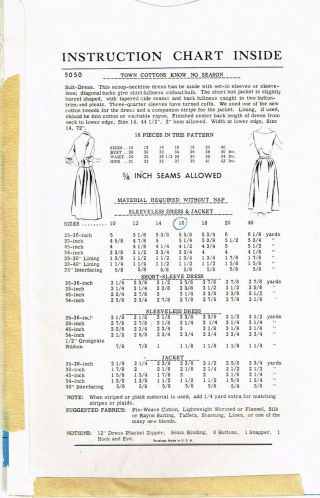 1950s Vintage Woman ' s Day Sewing Pattern 5050 Uncut Misses Dress & Jacket Sz 34B 6