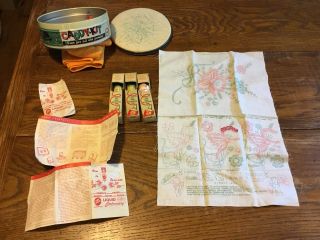 Vintage Tri Chem Liquid Embroidery Tin Caddy - Kit Pattern Hoop & Instructions