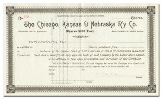 Chicago,  Kansas And Nebraska Railway Company Stock Certificate (1880 