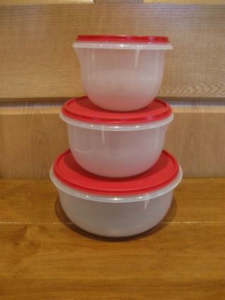 Tupperware 3 Piece Set Vintage Sheer Mixing Bowls With Red Lids