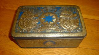 Antique Smoking Tabacco Tin Box Star Tobacco Netherlands Blue Silver Old Ships