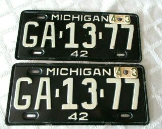1942 - Michigan Automobile Car - Matching License Plate Set - W 1943 Tabs - Rare - Ww2