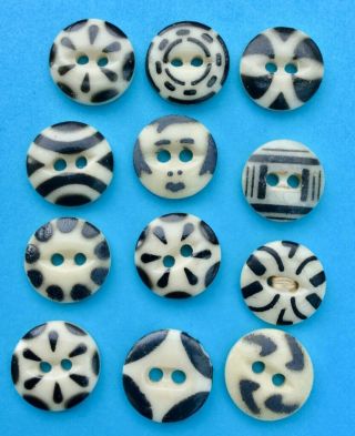 12 X 14mm Antique Black & Cream Stencil China Buttons,  Incl.  Happy Face