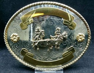Rodeo Team Roping Trophy Belt Buckle 5 " Oval Western Hand - Made German Silver