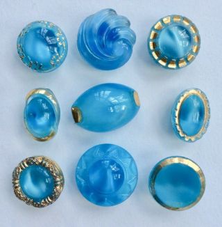 9 Vintage Turquoise Moonglow Glass Buttons,  13mm To 17mm