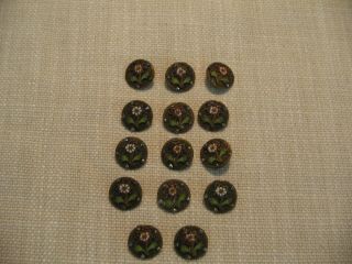 Antique Metal And Enamel Buttons With Floral Design