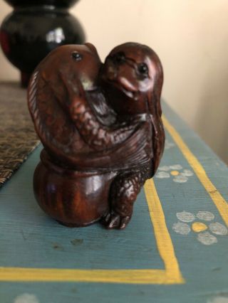 Kappa With Fish Hand Carved Dark Boxwood Signed Figure Carving