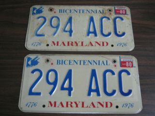 Vintage Pair Bicentennial Maryland License Plates Sticker 1980 Red White Blue
