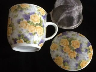 Chinese Porcelain Tea Cup Handled Infuser Strainer With Lid 10 Oz Floral C1