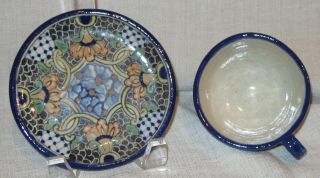 Ysauro Uriarte Puebla Mexico Talavera Pottery Larger Breakfast Cup and Saucer 2