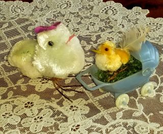 Vintage Easter Chenille Chicks Mom Baby Buggy Pompom Chickens Hong Kong