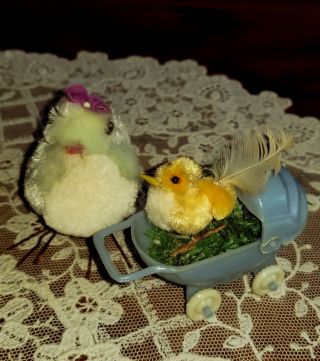 Vintage Easter Chenille Chicks Mom Baby Buggy PomPom Chickens Hong Kong 2