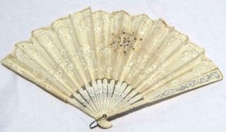 Antique (pre 1900s) Japanese Hand Painted Ladies Fan,  Lace Insert,  White 53