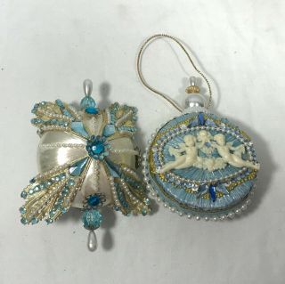 Vintage 60s/70s Satin Blue White Angel Beaded Christmas Ornaments Circle 2