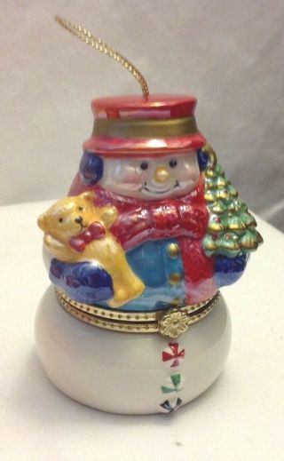 Snowman Porcelain Hinged Christmas Ornament Music Box Skaters Inside