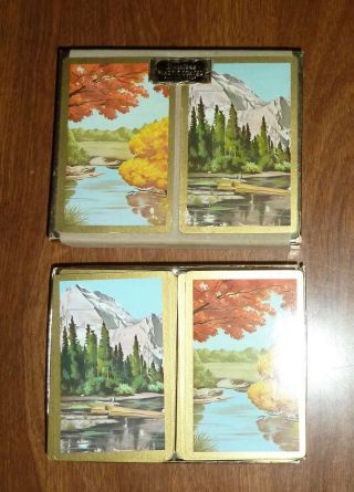 Vintage Arrco Duratone Boxed 2 Deck Plastic Coated Playing Cards - Scenery