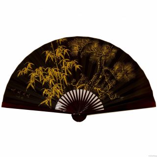 Vintage Large Chinese Folding Bamboo Black And Gold Silk Fan Home Art Decor