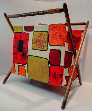 Vintage Knitting Crochet Stand Up Cloth Bag Folding Bskt Wood Frame Earth Tone