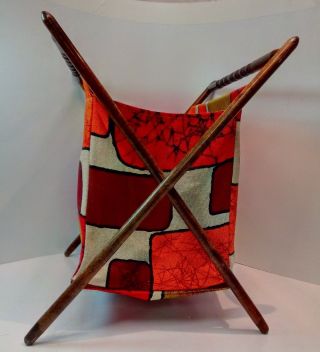 Vintage Knitting Crochet Stand Up Cloth Bag Folding Bskt Wood Frame Earth Tone 2