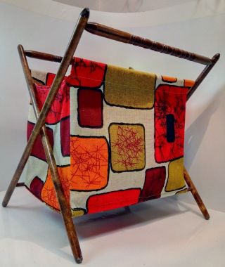 Vintage Knitting Crochet Stand Up Cloth Bag Folding Bskt Wood Frame Earth Tone 3
