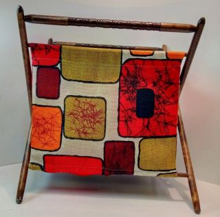 Vintage Knitting Crochet Stand Up Cloth Bag Folding Bskt Wood Frame Earth Tone 4