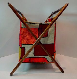 Vintage Knitting Crochet Stand Up Cloth Bag Folding Bskt Wood Frame Earth Tone 5