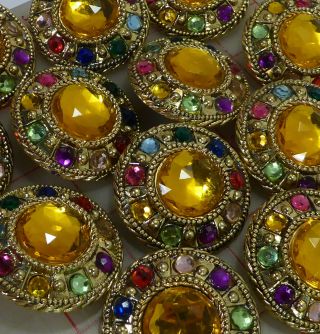 12 Vintage Extra Large Gold Plastic Shank Buttons Multi Color Jewels Topaz 43mm