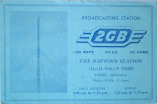 Qsl Card From Radio Station 2gb Sydney Australia 1955