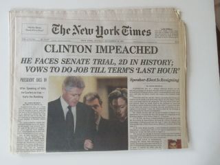Bill Clinton Impeached The York Times December 20,  1998 Newspaper Ny Jets