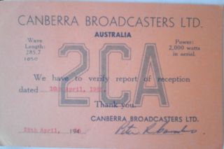 Qsl Card From Radio Station 2ca Canberra Australia 1955