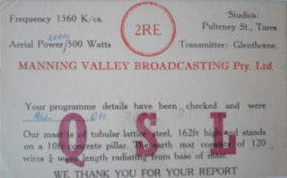 Qsl Card From Radio Station 2re,  Taree Australia 1955