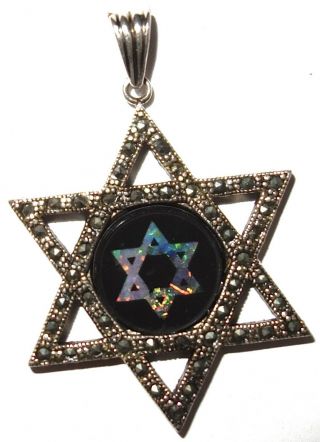 Rare Vintage Judaica Star Of David Sterling Mosaic Opal 2 " Pendant W/marcasites