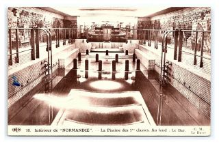 Vintage Postcard First Class Swimming Pool On Board Ship Normandie I12