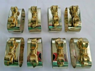 Aukey Set Of 8 Silver Plate Napkin Rings Holder Gold Tone Bows Vintage Dining