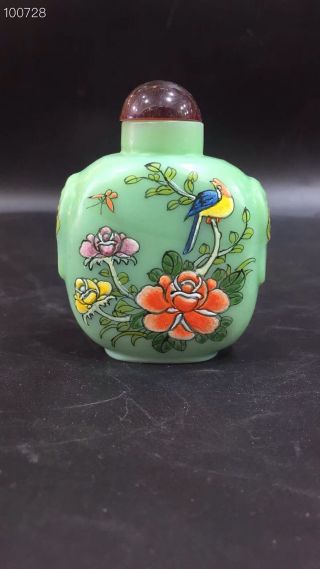 Chinese Coloured Glaze Hand Painted Plum Blossom Flowers Bird Snuff Bottle