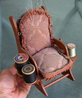 Vintage / Antique Folk Art Rocking Chair Pin Cushion Thread Holder