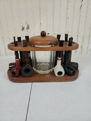 Set Of Ten Vintage Estate Smoking Pipes,  Tobacco Jar And Pipe Stand Holder.