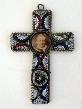 Vintage Handcrafted Micro Mosaic Glass Inlay Tiles Crucifix Cross Pope Pius Xi