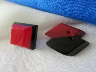 6524 – Two Red Bakelite On Black Bakelite Shaped Vintage Buttons,  7/8” & 11/16”