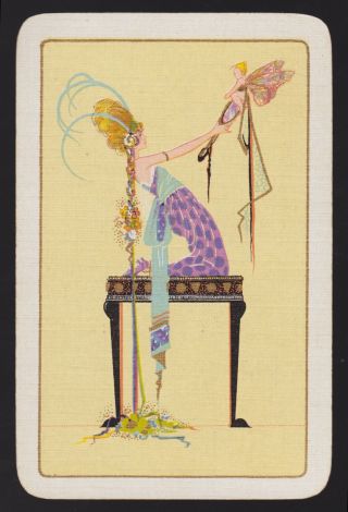 1 Single Vintage Swap/playing Card Deco Fantasy Lady & Fairy Doll Mirror Yellow