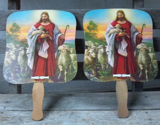 Vintage Antique Cardboard Jesus Fans Advertising Gulf Oil Good Shepherd