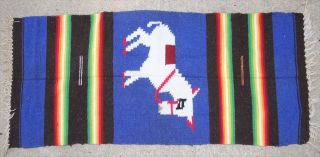 Vtg Mexican Saddle Blanket Rug White Burro Donkey Blue Wool Serape 21 " X 46 "