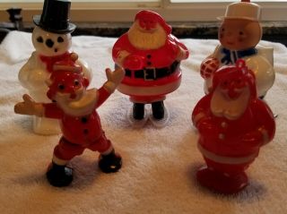 5 Pc Vintage Christmas Snowman & Santa Hard Plastic Candy Containers Rosbro
