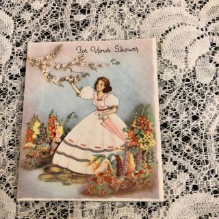 Vintage Greeting Card Bridal Shower Pretty Woman Flowers